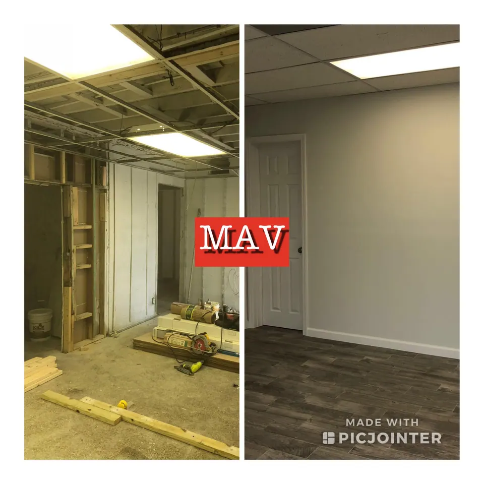 Interior wall repaired and painted, before and after